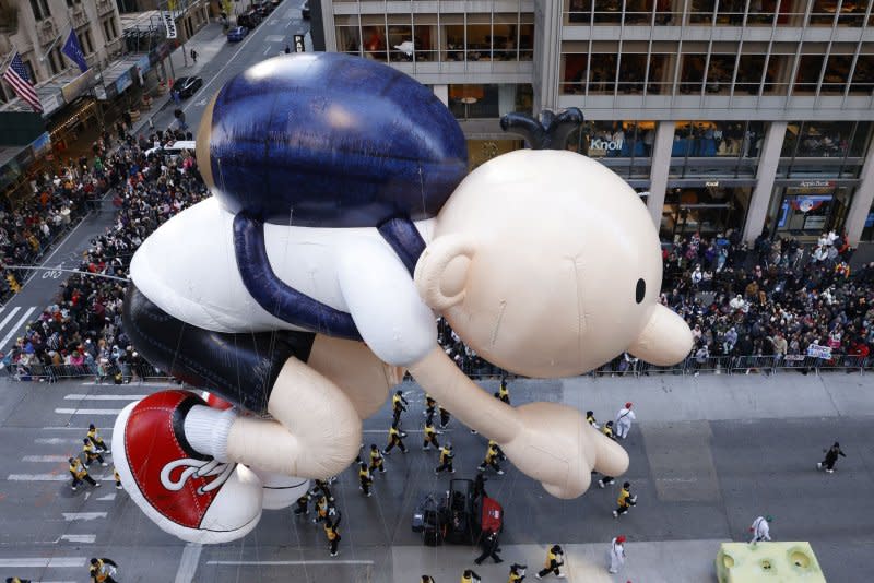 The Wimpy Kid balloon makes its way down Sixth Avenue during the Macy's Thanksgiving Day Parade 2023 in New York City on Thursday. Photo by John Angelillo/UPI