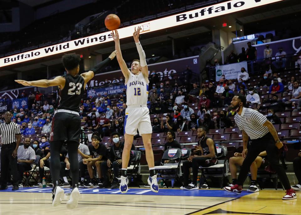 Kyle Pock, of Bolivar, puts up a three-point shot during the Liberators 56-66 loss to Cardinal Ritter in the class 5 state basketball championship game at JQH Arena on Friday, March 19, 2021. 