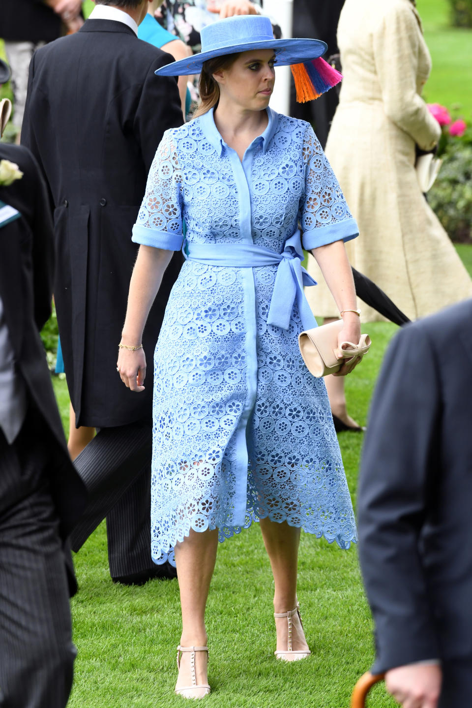 Princess Beatrice wore an embroidered lace shirt dress by <a href="https://fave.co/2WRc5sE" rel="noopener" target="_blank" data-ylk="slk:Maje;elm:context_link;itc:0;sec:content-canvas" class="link ">Maje</a> with a matching hat by Bundle MacLaren and nude accessories. <em>[Photo: PA]</em>