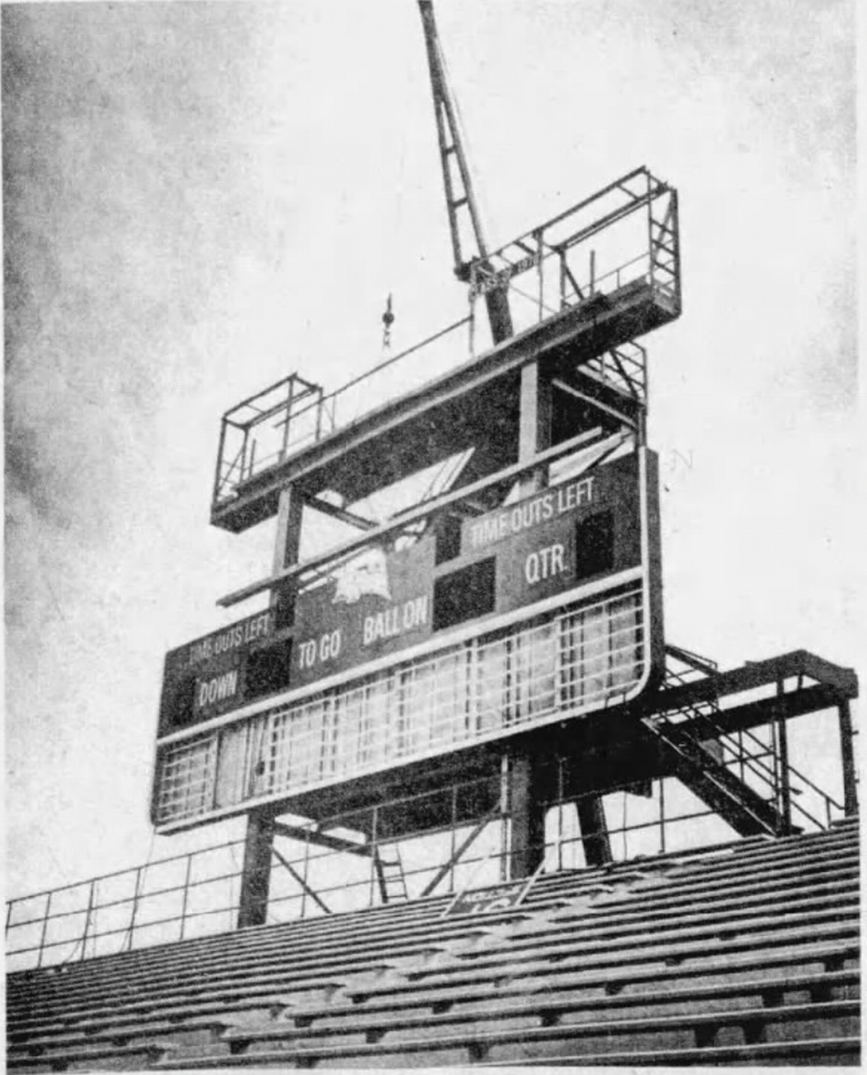 A new electronic scoreboard was installed at Beaver Stadium, as shown in this photo that appeared in the CDT on Aug. 13, 1980. The stadium had two new scoreboards for the 1980 season, valued at $300,000, according to reporting at the time.