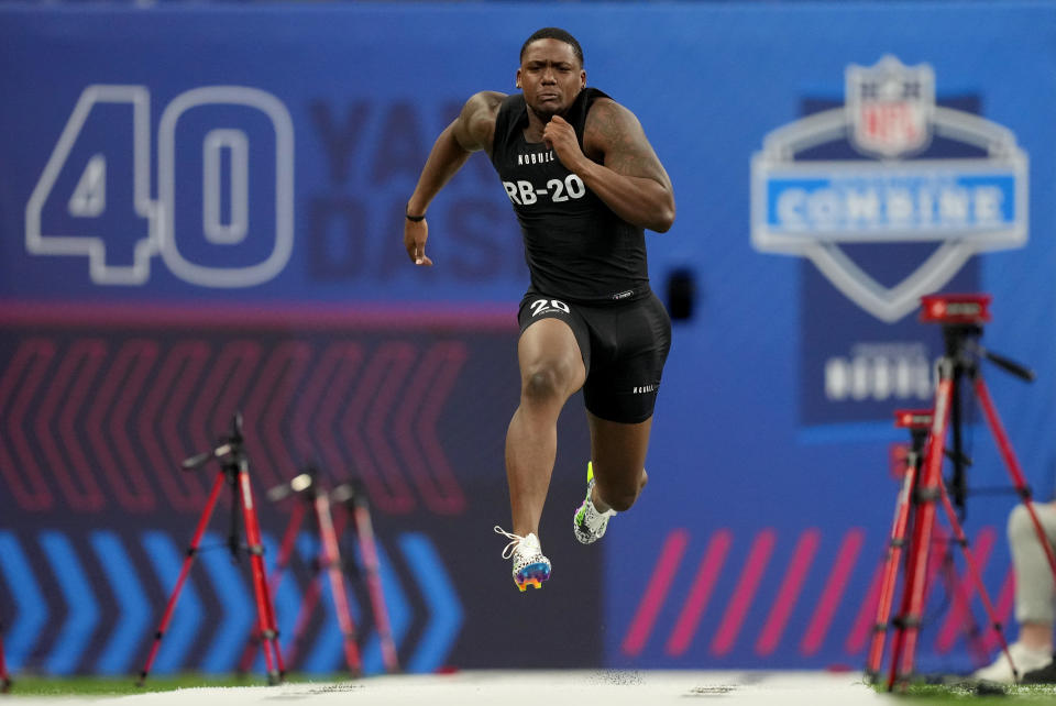 Mar 5, 2023; Indianapolis, IN, USA; Tulsa running back Deneric Prince (RB20) during the NFL Scouting Combine at Lucas Oil Stadium. Mandatory Credit: Kirby Lee-USA TODAY Sports