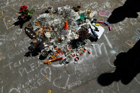 Messages, candles and flowers are seen at a memorial site for victims of Friday's shooting, in front of Christchurch Botanic Gardens in Christchurch, New Zealand March 19, 2019. REUTERS/Jorge Silva