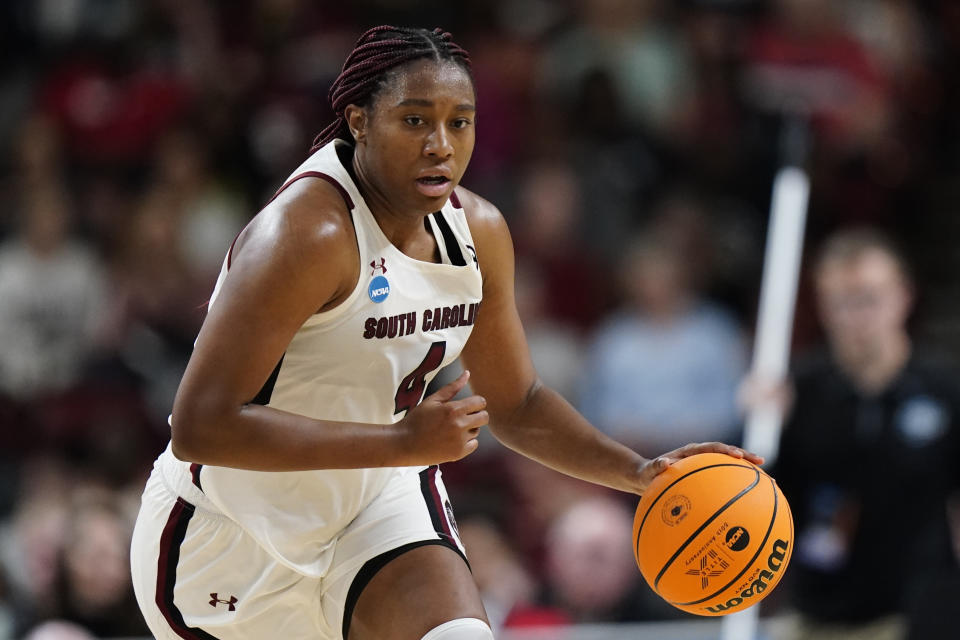 South Carolina's Aliyah Boston dribbles the ball up the court during the Sweet 16 round of the NCAA women's tournament at Bon Secours Wellness Arena in Greenville, South Carolina, on March 25, 2023. (Jacob Kupferman/NCAA Photos via Getty Images)