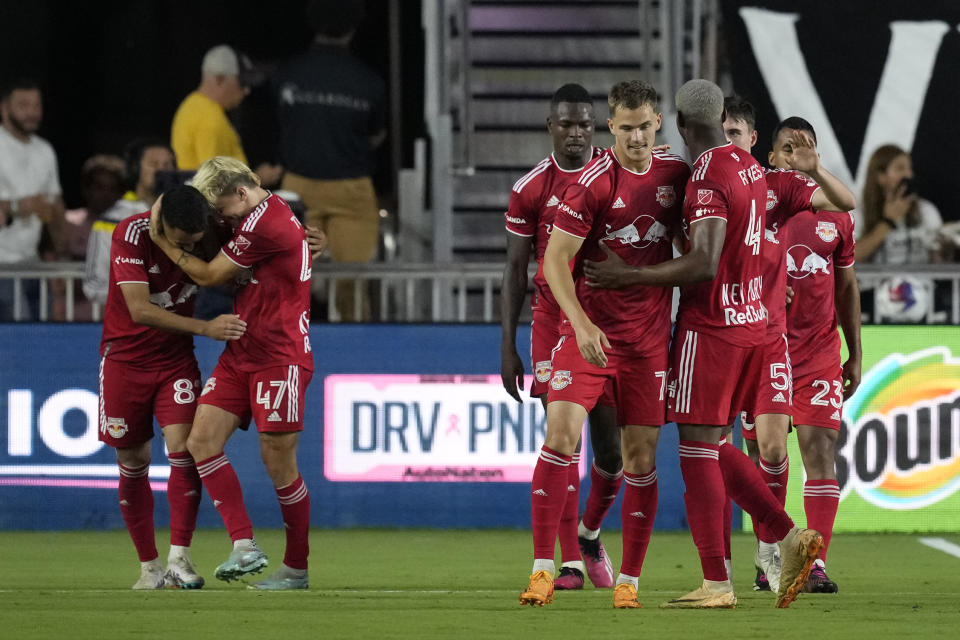 New York Red Bulls forward Tom Barlow, fourth from left, celebrates with teammates after scoring a goal against Inter Miami during the second half of an MLS soccer match Wednesday, May 31, 2023, in Fort Lauderdale, Fla. The Red Bulls won 1-0. (AP Photo/Rebecca Blackwell)
