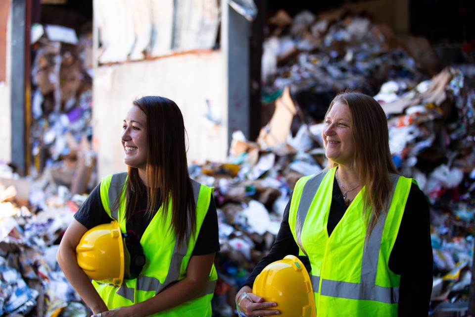 Katherine Shayne (right) and Jenna Jambeck (left) visit a Materials Recovery Facility.