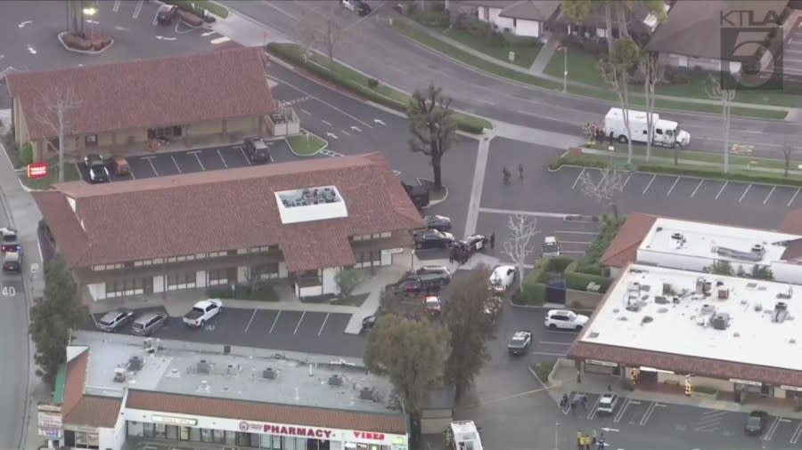 A suspect was killed after a bomb threat prompted the evacuation of a Fullerton bank on March 26, 2024. (KTLA)