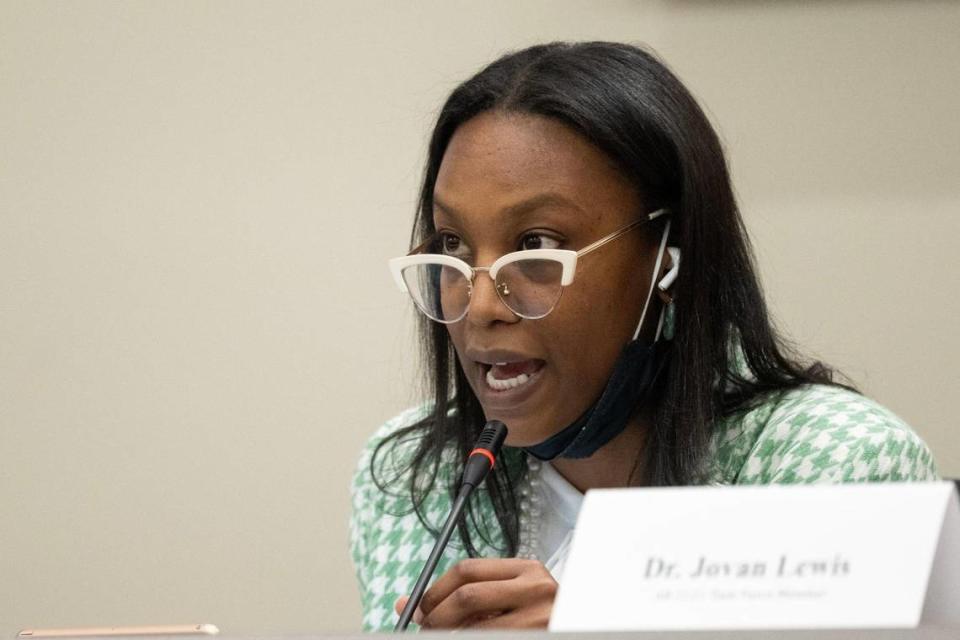 Reparations Task Force chair Kamilah Moore speaks during a task force meeting at the CalEPA Building in Sacramento on Friday, March 3, 2023. The group is studying reparations proposals for African Americans, with special consideration for U.S. descendants of enslaved persons.