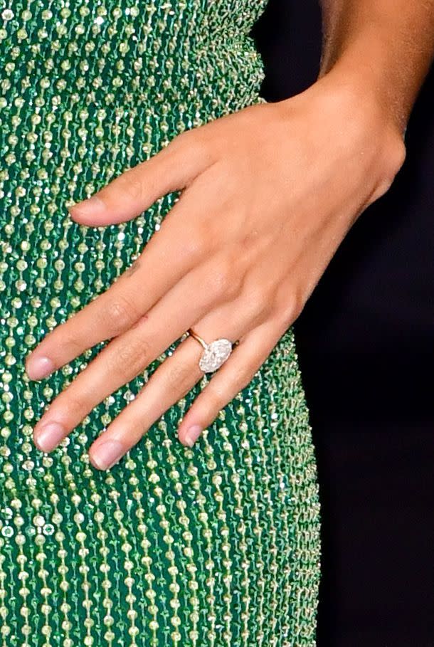 <p>The biggest trend in 2020 is large oval-shaped solitaire stones on a thin band — either pavé or plain. The simple band lets the diamond stand on its own, which is especially stunning if your diamond is <a href="https://www.vogue.com/article/hailey-justin-bieber-reveal-wedding-rings" rel="nofollow noopener" target="_blank" data-ylk="slk:between 6 to 8 carats;elm:context_link;itc:0;sec:content-canvas" class="link ">between 6 to 8 carats</a>, like Hailey Bieber's.</p>