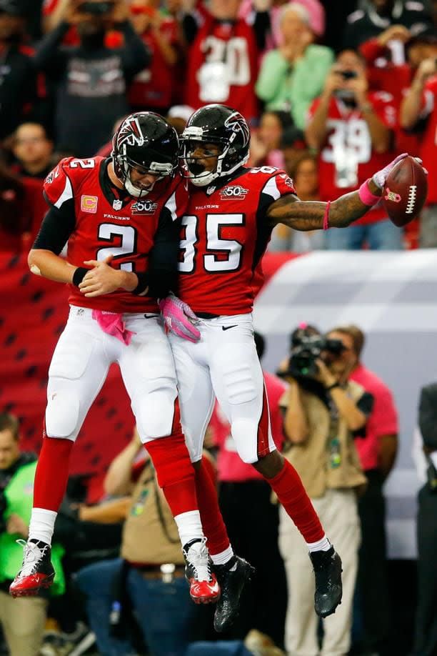 GOT HOPS: Ryan (left) celebrates a touchdown with Leonard Hankerson #85 in the first half against the Houston Texans at the Georgia Dome on October 4, 2015 in Atlanta, Georgia. (Photo by Kevin C. Cox/Getty Images)