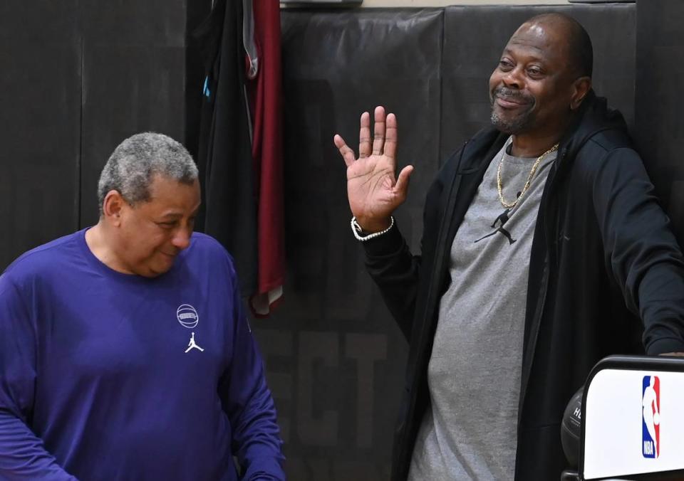 Former NBA star and Hall of Fame member Patrick Ewing, right, stands along the sideline joking with Charlotte Hornets assistant coach Bob Beyer, left, following practice on Tuesday, October 3, 2023 at Spectrum Center in Charlotte, NC.