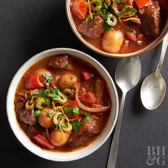 Make classic beef stew Spanish-style by using fire-roasted tomatoes, pitted green olives, and a blend of spices. To speed dinner along, make this soup recipe in your pressure cooker!