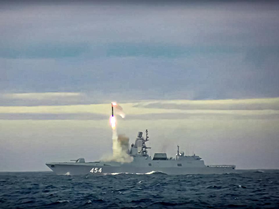 In this image taken from video released by Russian Defense Ministry Press Service on Saturday, May 28, 2022, a new Zircon hypersonic cruise missile is launched by the frigate Admiral Gorshkov of the Russian navy from the Barents Sea.