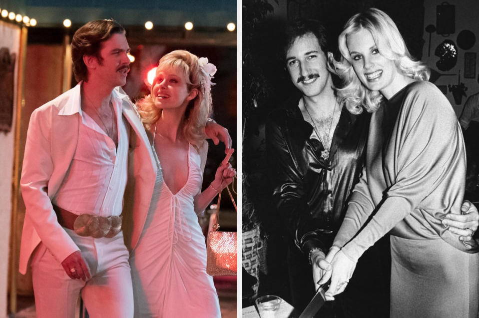 Dorothy and Paul walking together in the miniseries on the left and the real-life Dorothy and Paul smile as they cut a cake together on the right