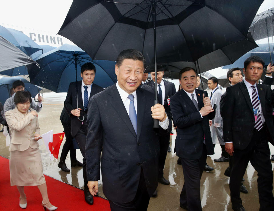 China's President Xi Jinping arrives at Kansai International Airport in Izumisano, Osaka prefecture, western Japan, Thursday, June 27, 2019. Group of 20 leaders gather in Osaka on June 28 and 29 for their annual summit.(Kyodo News via AP)