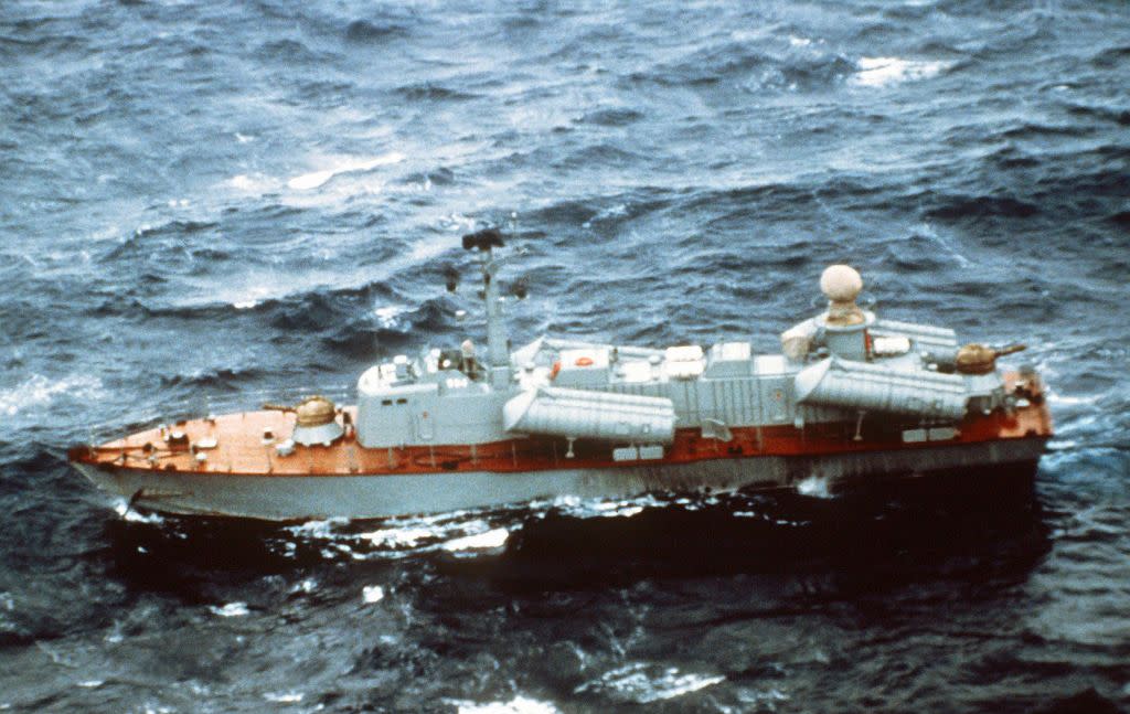 1980s an aerial port beam view of a soviet osa ii class missile attack boat underway