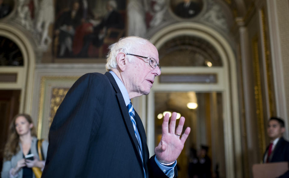 UNITED STATES - JANUARY 22: Sen. Bernie Sanders, I-Vt., waves off reporters questions as he walks through the Senate Reception Room to the Senate chamber before the start of the impeachment trial in the Senate on Wednesday, Jan. 22, 2020. (Photo By Bill Clark/CQ-Roll Call, Inc via Getty Images)