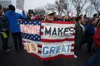 <p>Protesters march in Washington, DC, during the Womens March on January 21, 2017. (ROBYN BECK/AFP/Getty Images) </p>