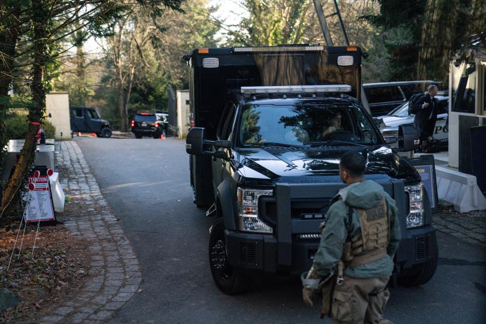 The access road to President Joe Biden's home in Wilmington, Delaware, is seen from the media van Sunday, Jan. 15, 2023.