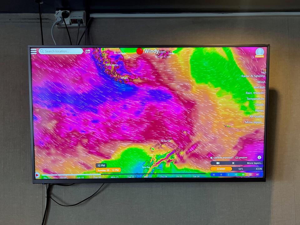 Intrepid showed us the weather in the Drake Passage, with pink meaning gale-force winds and huge wave swells.