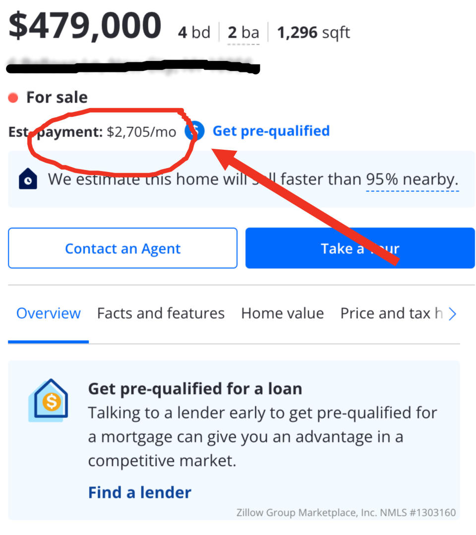 Screenshot of Zillow listing showing a house that they estimate to cost around $2,700/month