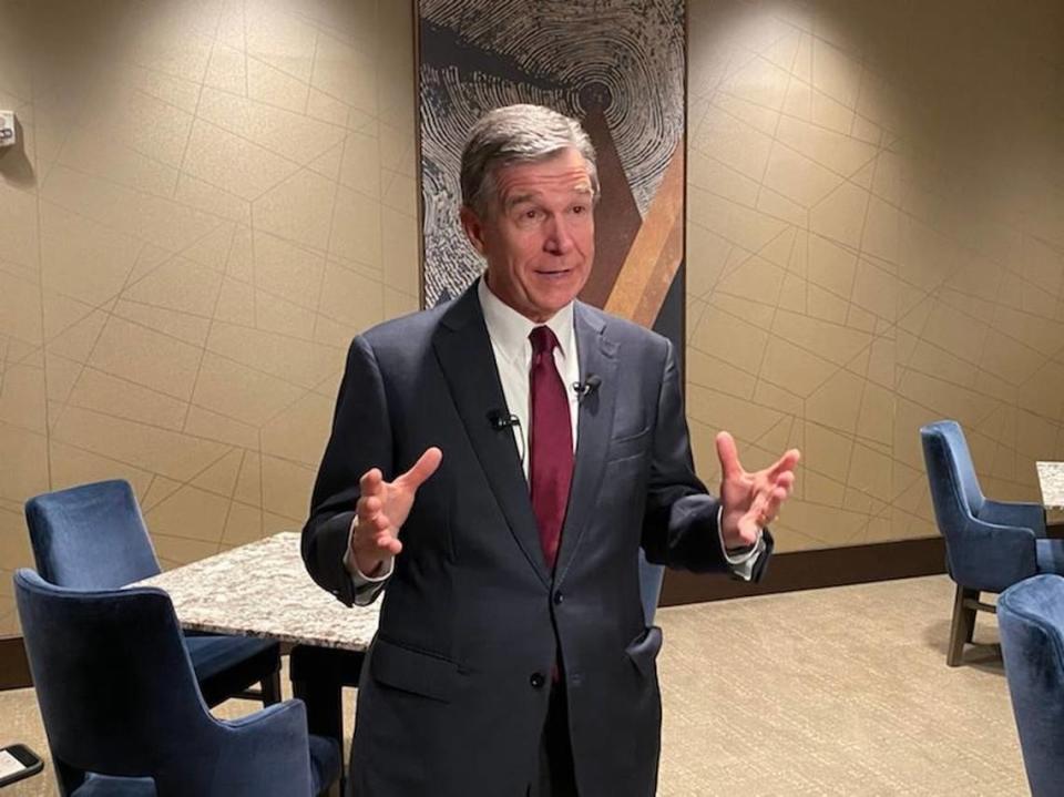 Gov. Cooper speaking to reporters after giving remarks at the North Carolina Digital Government Summit