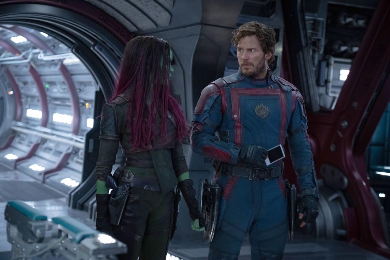 zoe saldana and chris pratt , guardians of the galaxy vol 3