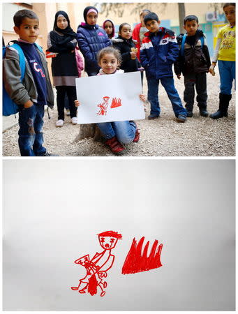 A combination picture shows Syrian refugee Tesnim Faydo, 8, as she holds her drawing of a mother crying for her wounded daughter, in Yayladagi refugee camp in Hatay province near the Turkish-Syrian border, Turkey, December 16, 2015 (top) and her drawing (bottom). REUTERS/Umit Bektas