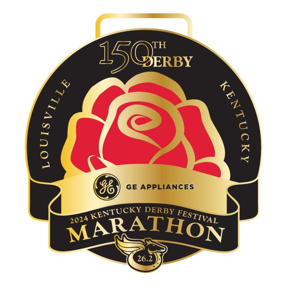 The 2024 Kentucky Derby Festival GE Appliances Marathon finishers medal for the