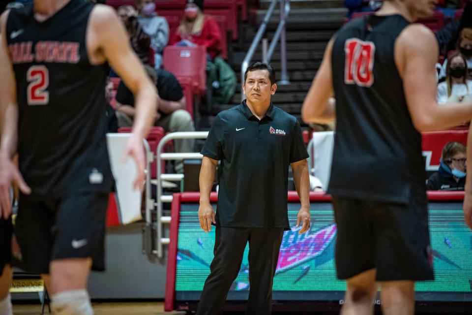 Ball State men’s volleyball head coach Donan Cruz during his team's match against George Mason University on Friday, Jan. 21, 2022.