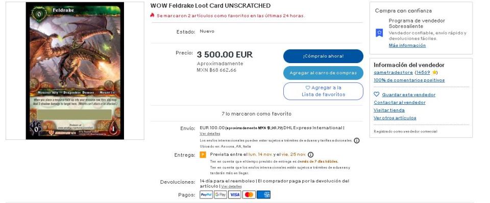 La tarjeta de World of Warcraft vale mucho dinero en eBay