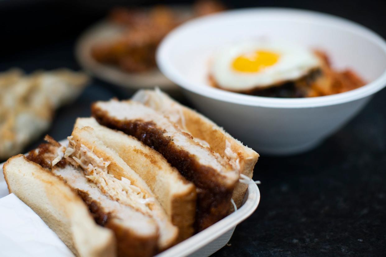 Koso Hae's katsu sando is composed of a pork cutlet loaded into toasted Japanese milk bread with shaved cabbage, mayo, plus a savory-tangy sauce made with ketchup, Worcestershire and soy.