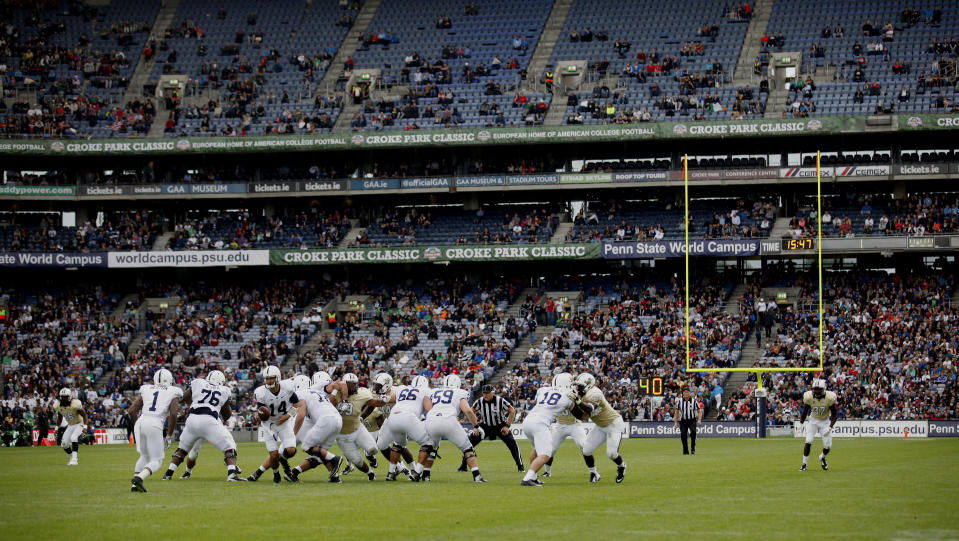 Penn State Nittany Lions and UCF Knights during the Croke Park Classic College Football match in Dublin, Ireland, Saturday, Aug. 30,2014. University of Central Florida hosted Penn State in their 2014 football Season Opener Saturday. This big season opener for UCF and Penn State is the first time that they have played outside the United States.  (AP Photo/Peter Morrison)