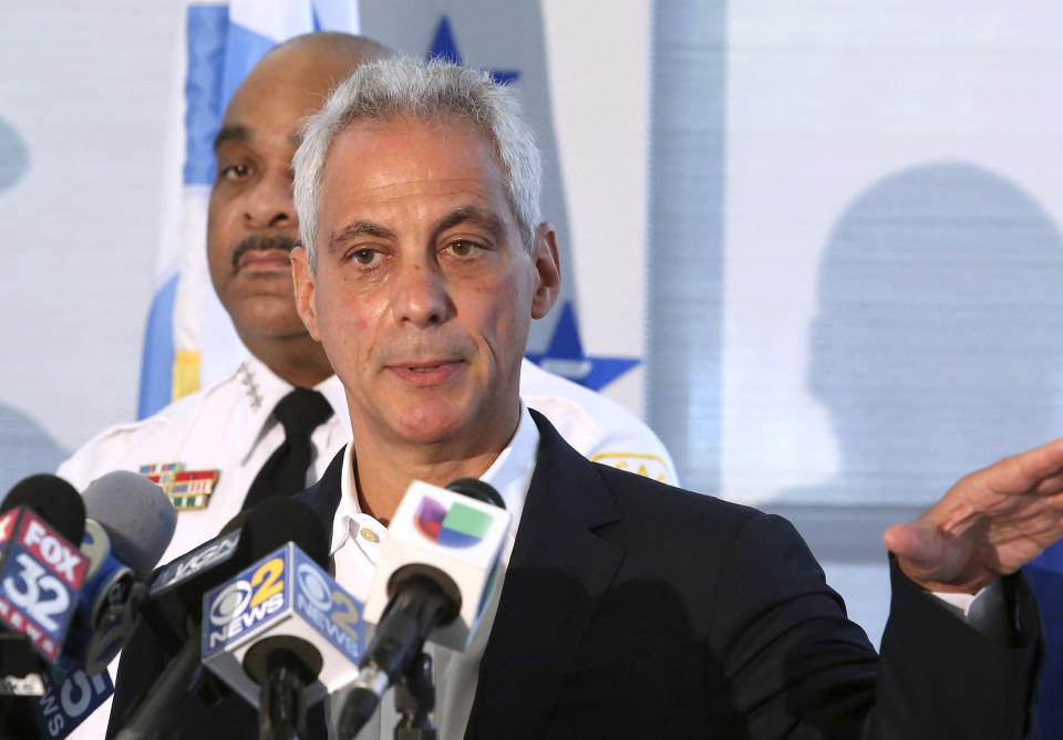 FILE - In this Aug. 6, 2018, file photo, Chicago Mayor Rahm Emanuel speaks at a news conference in Chicago. Emanuel announced Tuesday, Sept. 4, 2018, that he will not seek a third term in 2019. AP Photo/Teresa Crawford, File)