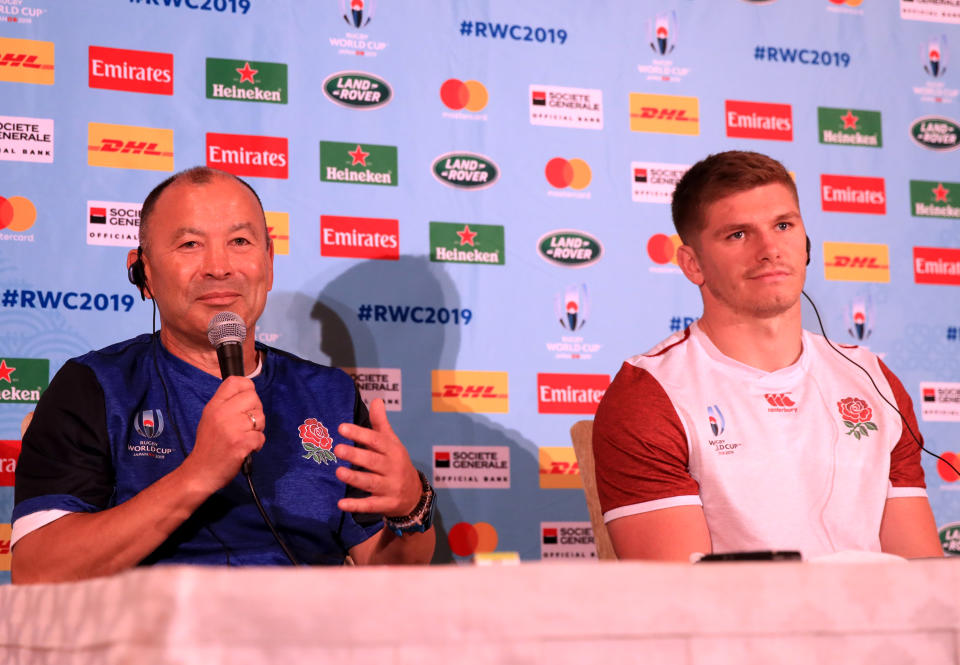 England's coach Eddie Jones and Owen Farrell during the press conference at Keio Plaza Hotel, Tokyo. (Photo by Adam Davy/PA Images via Getty Images)