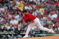 Boston Red Sox's Nick Pivetta pitches during the first inning of a baseball game against the New York Yankees, Saturday, Sept. 25, 2021, in Boston. (AP Photo/Michael Dwyer)