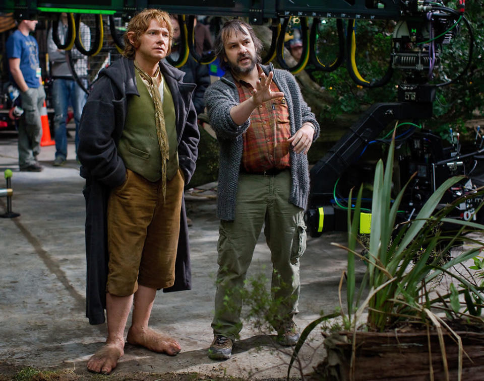 Martin Freeman and director Peter Jackson on the set of New Line Cinema's "The Hobbit: An Unexpected Journey" - 2012