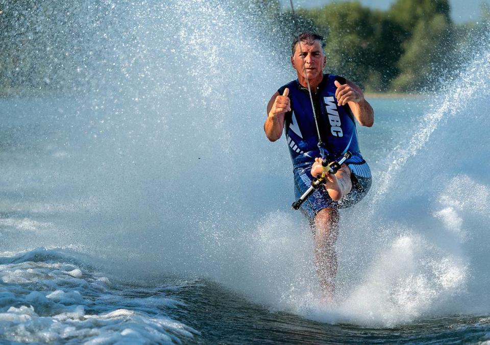 Neil Heeney of West Richland competes in barefoot water skiing. Heeney has seeking to reopen the Nelson Island channel on the Richland waterfront to motorboats during non-summer months. Brian Heeney/Image courtesy Brian Heeney