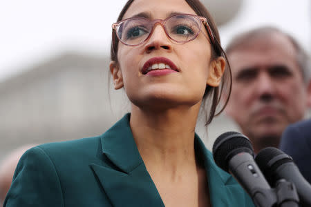 FILE PHOTO: U.S. Representative Alexandria Ocasio-Cortez (D-NY) speaks during a news conference for a proposed "Green New Deal" to achieve net-zero greenhouse gas emissions in 10 years, at the U.S. Capitol in Washington, U.S. February 7, 2019. REUTERS/Jonathan Ernst/File Photo