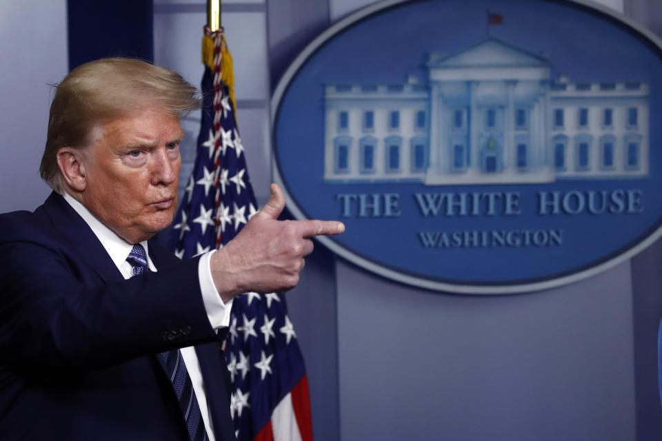 President Donald Trump speaks about the coronavirus in the James Brady Press Briefing Room of the White House, Tuesday, April 21, 2020, in Washington. (AP Photo/Alex Brandon)