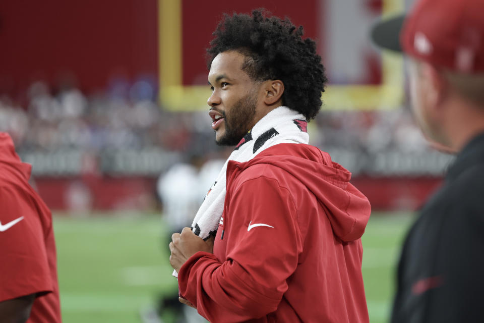 GLENDALE, ARIZONA - SEPTEMBER 24: Kyler Murray #1 of the Arizona Cardinals looks on following a win against the Dallas Cowboys at State Farm Stadium on September 24, 2023 in Glendale, Arizona. (Photo by Mike Christy/Getty Images)