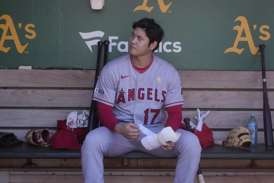 FILE - Los Angeles Angels' Shohei Ohtani before a baseball game against the Oakland Athletics in Oakland, Calif., Sunday, Sept. 3, 2023. Ohtani will miss the rest of the season because of an oblique injury, the team announced, Saturday, Sept. 16, 2023. (AP Photo/Jeff Chiu, File)
