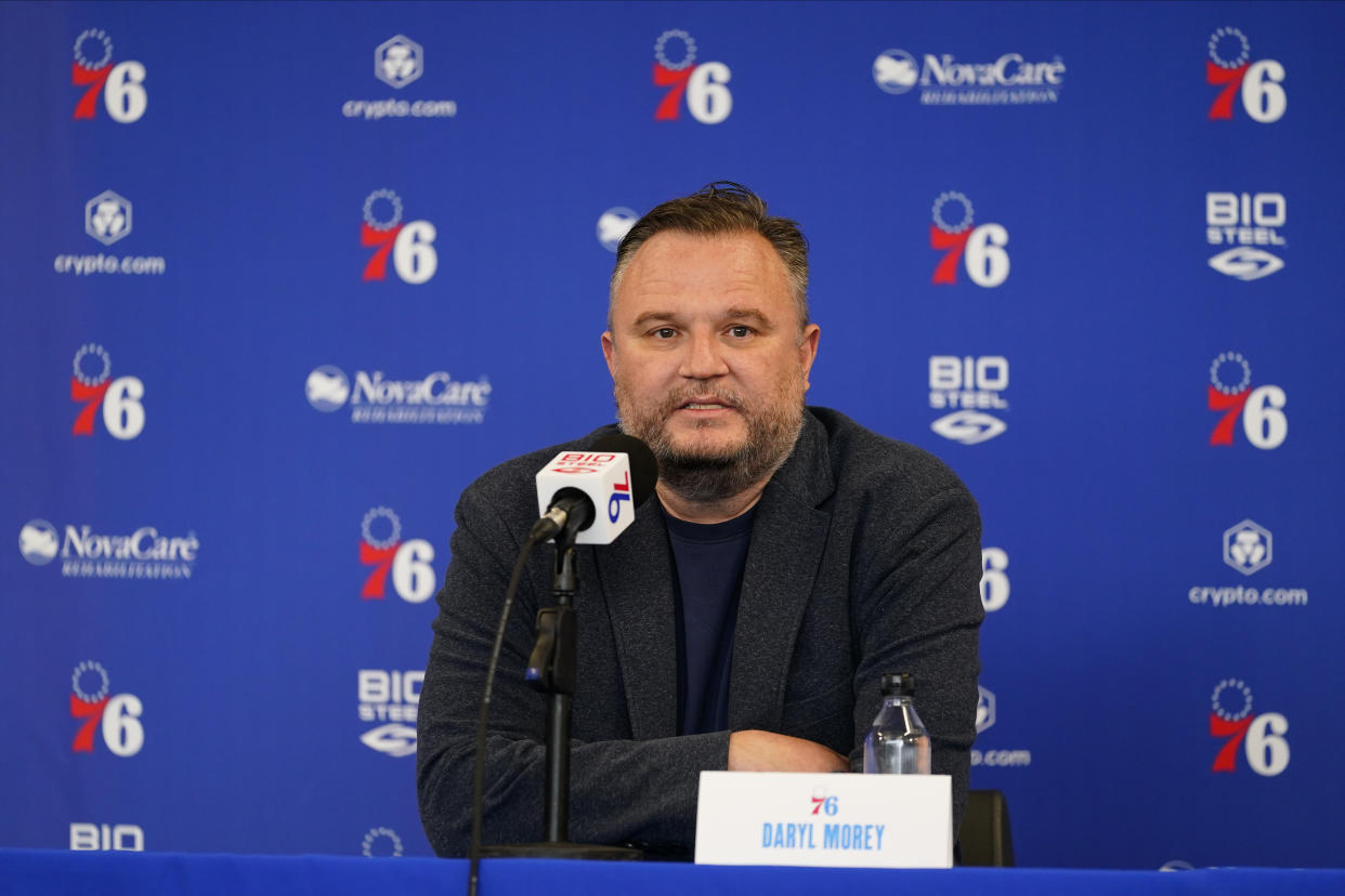 Philadelphia 76ers' Daryl Morey speaks during a news conference at the team's NBA basketball practice facility, Friday, May 13, 2022, in Camden, N.J. (AP Photo/Matt Slocum)