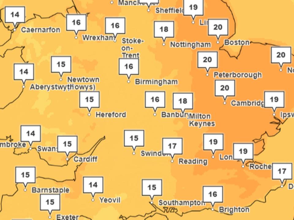 Parts of England, including Norwich, Cambridge and Hull, will see temperatures as high as 20C (Met Office)