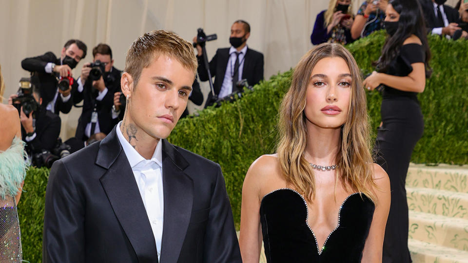 Justin Bieber and Hailey Bieber attend The 2021 Met Gala Celebrating In America: A Lexicon Of Fashion at Metropolitan Museum of Art on September 13, 2021 in New York City. 