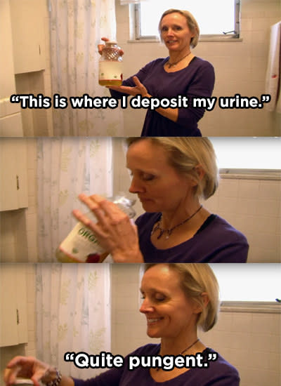 A woman sniffing a bottle of her pee