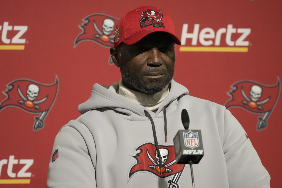 Tampa Bay Buccaneers head coach Todd Bowles speaks at a news conference after an NFL football game against the San Francisco 49ers in Santa Clara, Calif., Sunday, Dec. 11, 2022. (AP Photo/Tony Avelar)