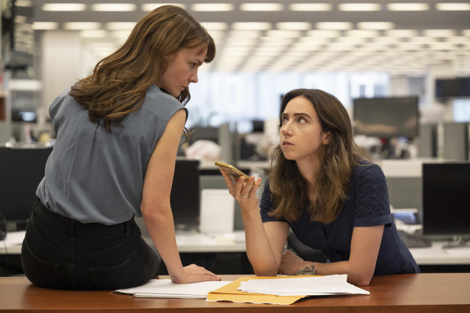 (from left) Megan Twohey (Carey Mulligan) and Jodi Kantor (Zoe Kazan) in She Said, directed by Maria Schrader. (Universal Pictures)