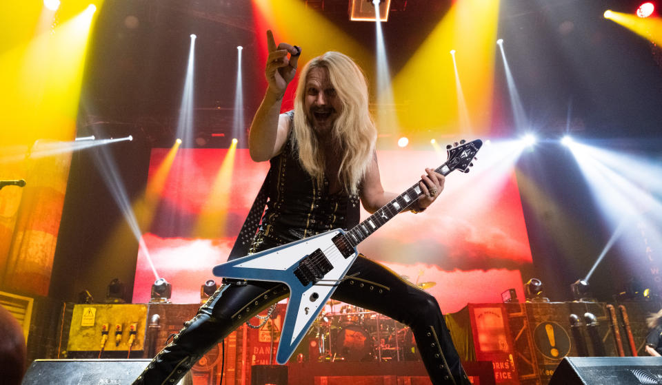 Richie Faulkner performs onstage with Judas Priest on November 7, 2022 at the Toyota Arena in Ontario, California on November 7, 2022