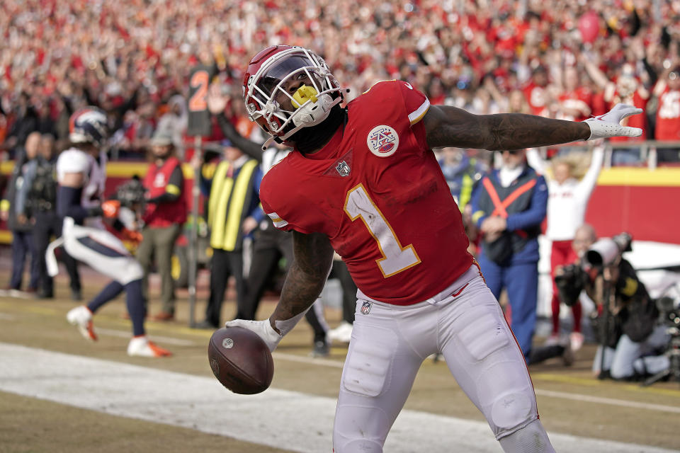 Kansas City Chiefs running back Jerick McKinnon celebrates after scoring a touchdown during the second half of an NFL football game against the Denver Broncos Sunday, Jan. 1, 2023, in Kansas City, Mo. (AP Photo/Charlie Riedel)