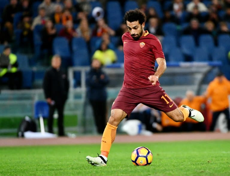 AS Roma's forward Mohamed Salah scores against Bologna on November 6, 2016